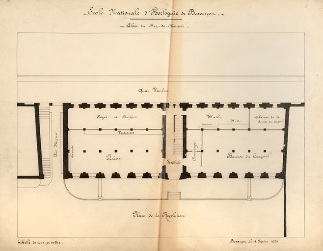 Ecole nationale d’Horlogerie de Besançon. Plan du Rez-de-Chaussée, 15 février 1921. © Jérôme Mongreville / Région Bourgogne-Franche-Comté, Inventaire du patrimoine - 2016 Ecole nationale d’Horlogerie de Besançon. Plan du Rez-de-Chaussée, 15 février 1921. © Jérôme Mongreville / Région Bourgogne-Franche-Comté, Inventaire du patrimoine - 2016