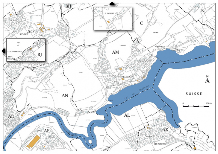 Carte de localisation des sites horlogers étudiés : le Cernembert, le Replenot, le Désert, les Combes, Chaillexon et les Pargots. Extrait du plan cadastral, 2016, sections AD, AE, AK, AM, C et BJ. © Mathias Papigny / Région Bourgogne-Franche-Comté, Inventaire du patrimoine - 2016 Carte de localisation des sites horlogers étudiés : le Cernembert, le Replenot, le Désert, les Combes, Chaillexon et les Pargots. Extrait du plan cadastral, 2016, sections AD, AE, AK, AM, C et BJ. © Mathias Papigny / Région Bourgogne-Franche-Comté, Inventaire du patrimoine - 2016