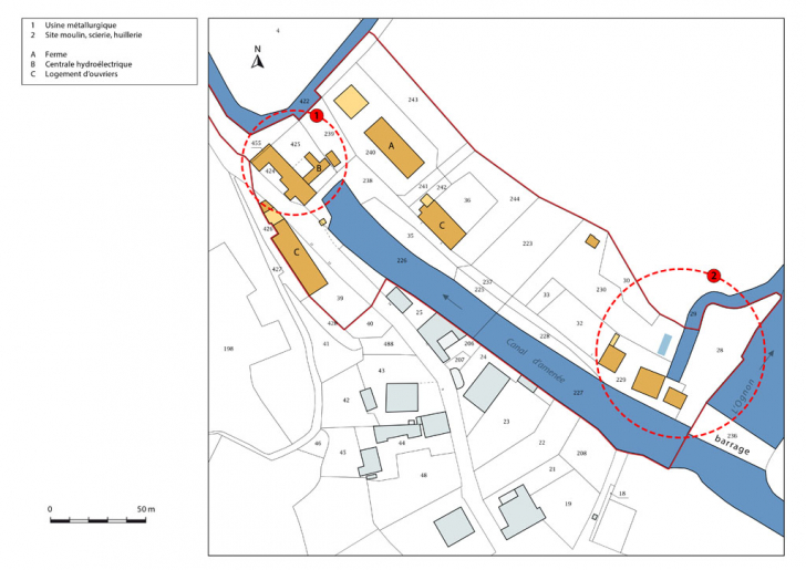 Plan-masse et de situation. Extrait du plan cadastral, 2016, section D. © Mathias Papigny / Région Bourgogne-Franche-Comté, Inventaire du patrimoine - 2016