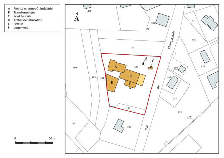 Plan-masse et de situation. Extrait du plan cadastral, 2016, section AE. © Mathias Papigny / Région Bourgogne-Franche-Comté, Inventaire du patrimoine - 2016 Plan-masse et de situation. Extrait du plan cadastral, 2016, section AE. © Mathias Papigny / Région Bourgogne-Franche-Comté, Inventaire du patrimoine - 2016