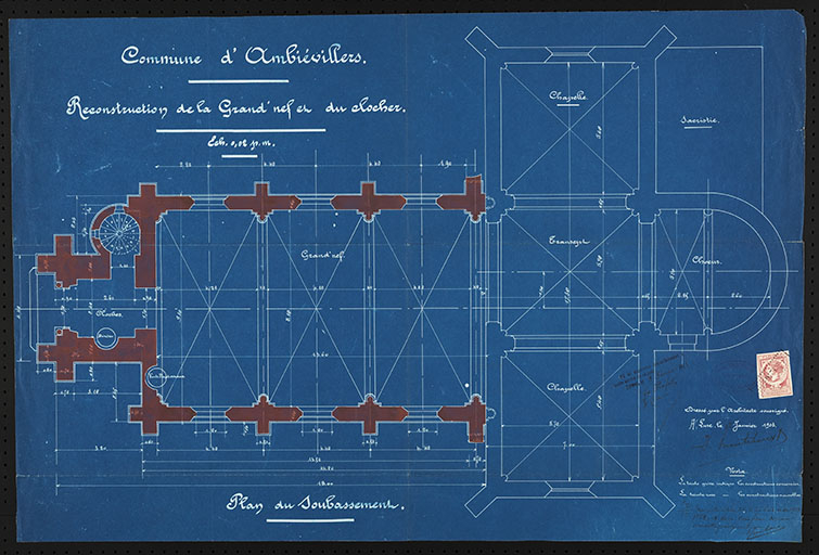 Plan présentant le projet de reconstruction du clocher et de la nef. © Sonia Dourlot (reproduction) / Région Bourgogne-Franche-Comté, Inventaire du patrimoine - 2016