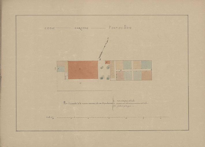 Plan de l'école des garçons et de la mairie : Plan d'ensemble de la maison commune et de ses dépendances (1888). © Guillaume Gézolme / Archives départementales de la Haute-Saône - 2016