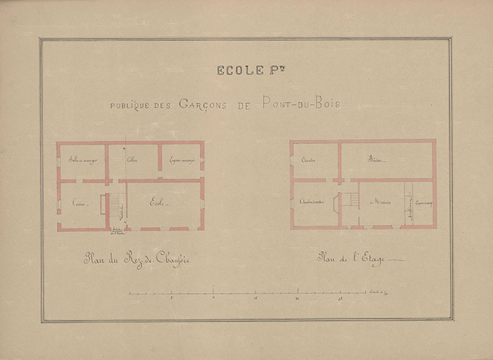 Plan de l'école des garçons : plan du rez-de-chaussée et du premier étage (1888). © Guillaume Gézolme / Archives départementales de la Haute-Saône - 2016
