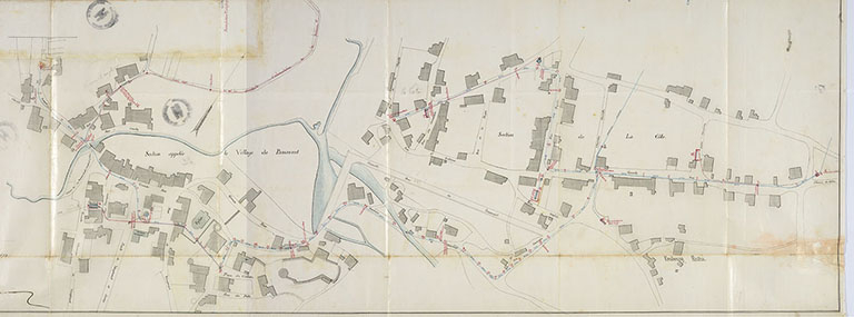 Plan général des lieux pour la constructions de nouvelles fontaines sur le territoire communal (1878). © Sonia Dourlot (reproduction) / Région Bourgogne-Franche-Comté, Inventaire du patrimoine - 2016