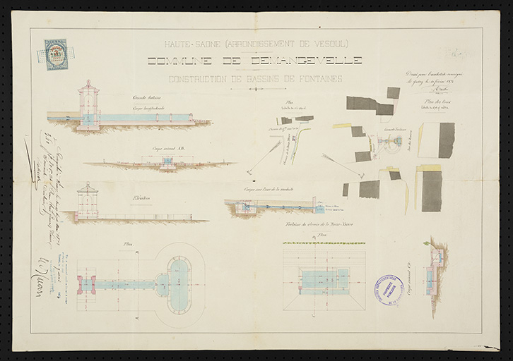 Plan : construction de bassin de fontaines. (1873)  © Sonia Dourlot (reproduction) / Région Bourgogne-Franche-Comté, Inventaire du patrimoine - 2016 Plan : construction de bassin de fontaines. (1873)  © Sonia Dourlot (reproduction) / Région Bourgogne-Franche-Comté, Inventaire du patrimoine - 2016