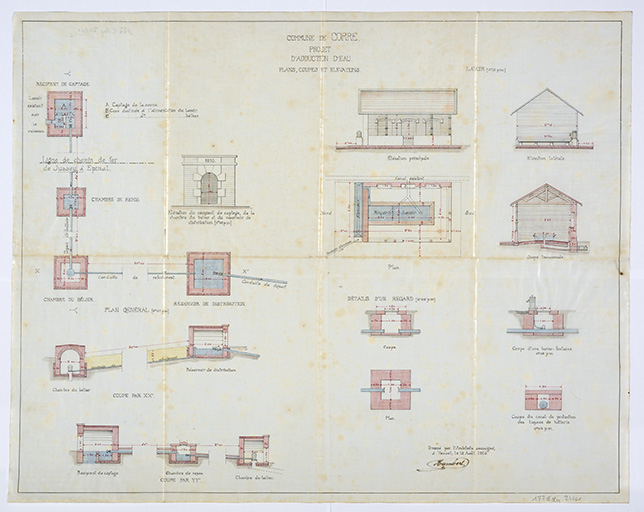 Commune de Corre. Projet d'adduction d'eau. [plans, coupes, élévations.] 1910 © Sonia Dourlot (reproduction) / Région Bourgogne-Franche-Comté, Inventaire du patrimoine - 2016