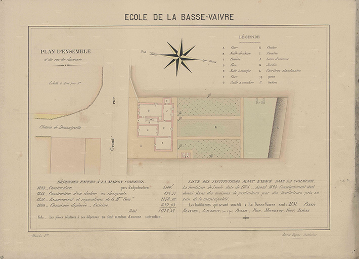 Ecole de la Basse Vaivre. Plan d'ensemble. Dessin et légende. 1888. © Sonia Dourlot (reproduction) / Archives départementales de la Haute-Saône - 2016