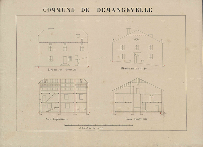 Plan de l'école : élévation et coupe. © Philippe  Mairot (reproduction) / Région Bourgogne-Franche-Comté, Inventaire du patrimoine - 2016 Plan de l'école : élévation et coupe. © Philippe  Mairot (reproduction) / Région Bourgogne-Franche-Comté, Inventaire du patrimoine - 2016