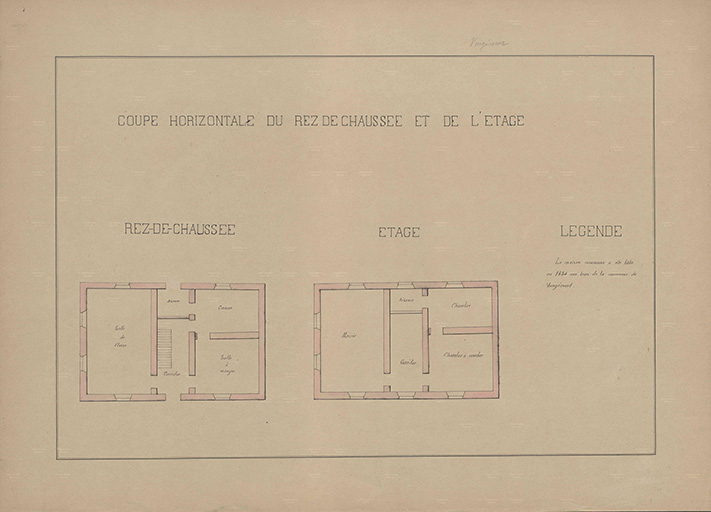 Plans des écoles (1864 -1888) : coupe horizontale du rez-de-chaussée (école) et de l'étage (mairie).  © Philippe  Mairot (reproduction) / Région Bourgogne-Franche-Comté, Inventaire du patrimoine - 2016