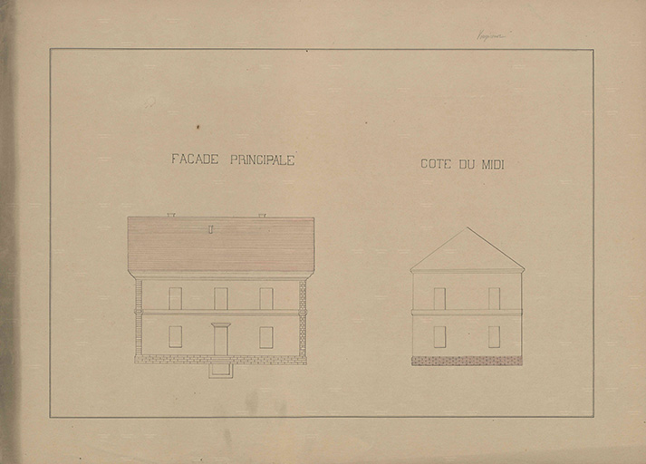 Plans des écoles (1864 -1888) : façade et pignon sud.  © Philippe  Mairot (reproduction) / Région Bourgogne-Franche-Comté, Inventaire du patrimoine - 2016