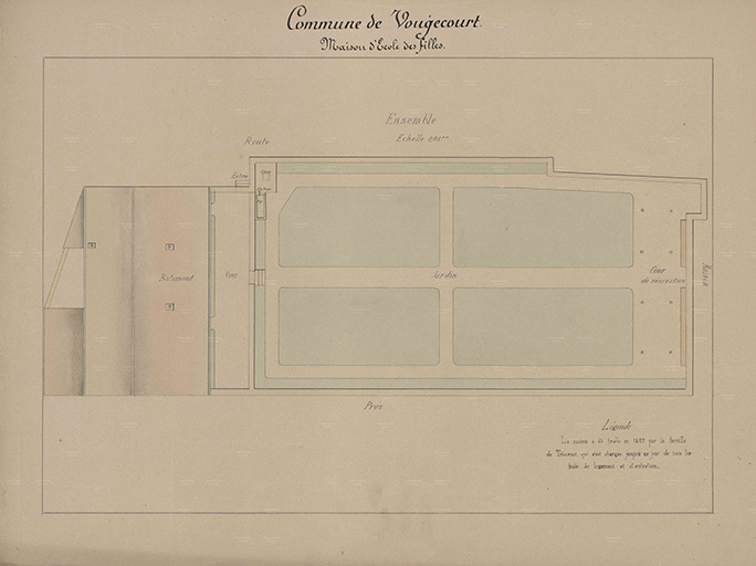 Plans des écoles (1864 -1888) Plan d'ensemble de l'école de filles. © Philippe  Mairot (reproduction) / Région Bourgogne-Franche-Comté, Inventaire du patrimoine - 2016