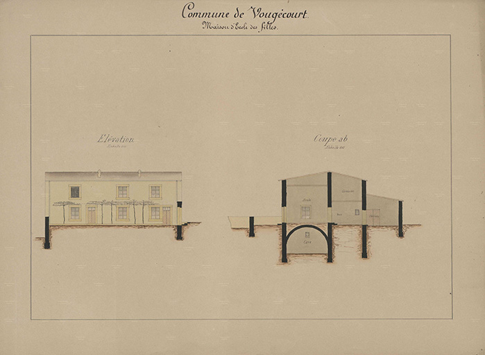 Plans des écoles (1864 -1888) : élévation et coupe de l'école de filles.  © Philippe  Mairot (reproduction) / Région Bourgogne-Franche-Comté, Inventaire du patrimoine - 2016