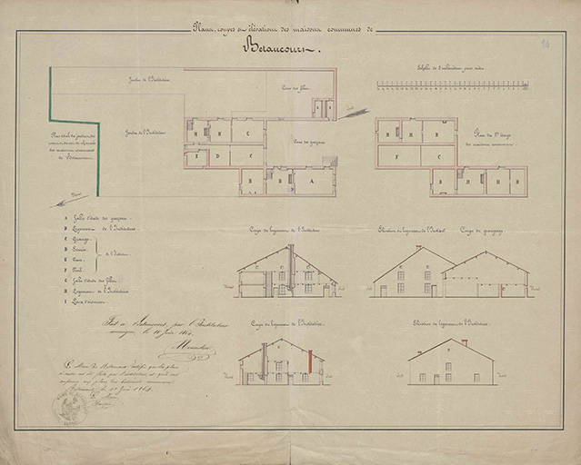 Plans, coupes et élévations des maisons communes de Betaucourt. Fait par l'instituteur le 10 juin 1864. © Sonia Dourlot (reproduction) / Archives départementales de la Haute-Saône - 2016 Plans, coupes et élévations des maisons communes de Betaucourt. Fait par l'instituteur le 10 juin 1864. © Sonia Dourlot (reproduction) / Archives départementales de la Haute-Saône - 2016