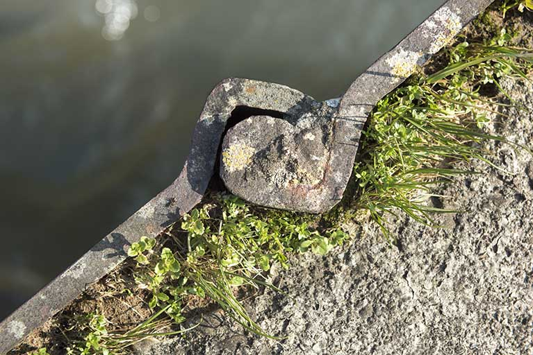 Détail d'assemblage (serrure) des palplanches en aval du barrage mobile. © Sonia Dourlot / Région Bourgogne-Franche-Comté, Inventaire du patrimoine - 2016 Détail d'assemblage (serrure) des palplanches en aval du barrage mobile. © Sonia Dourlot / Région Bourgogne-Franche-Comté, Inventaire du patrimoine - 2016