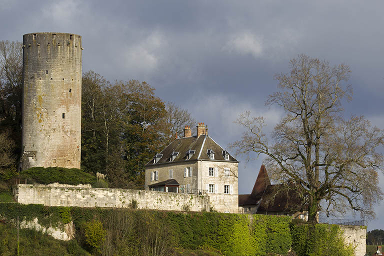 Vue générale depuis le sud avec, de gauche à droite, le donjon, le "nouveau château" et le "vieux château". © Sonia Dourlot / Région Bourgogne-Franche-Comté, Inventaire du patrimoine - 2016