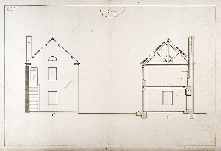 Proposition de Loiselot pour la construction de la maison commune : élévation du mur pignon. © Jérôme  Mongreville (reproduction) / Région Bourgogne-Franche-Comté, Inventaire du patrimoine - 2016 Proposition de Loiselot pour la construction de la maison commune : élévation du mur pignon. © Jérôme  Mongreville (reproduction) / Région Bourgogne-Franche-Comté, Inventaire du patrimoine - 2016
