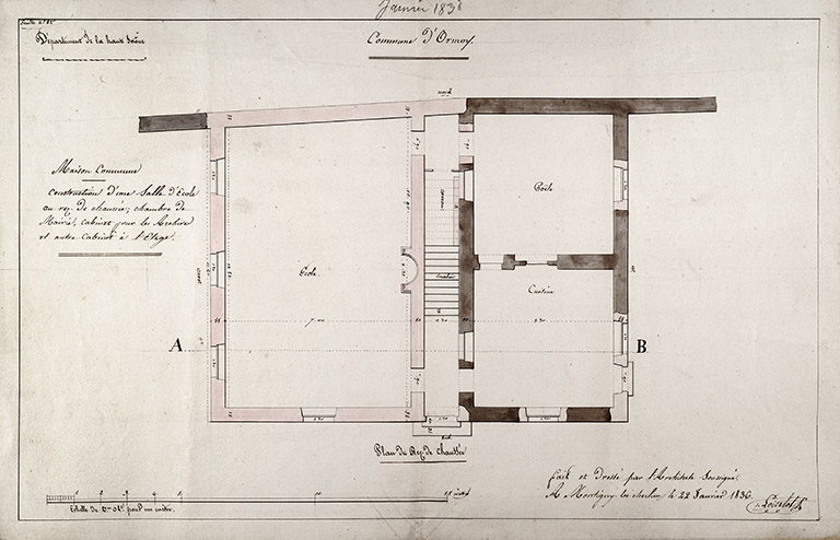 Proposition de Loiselot pour la construction de la maison commune : plan du rez-de-chaussée. © Jérôme  Mongreville (reproduction) / Région Bourgogne-Franche-Comté, Inventaire du patrimoine - 2016 Proposition de Loiselot pour la construction de la maison commune : plan du rez-de-chaussée. © Jérôme  Mongreville (reproduction) / Région Bourgogne-Franche-Comté, Inventaire du patrimoine - 2016