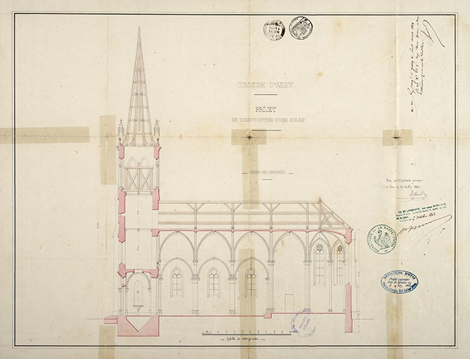 Projet de construction de l'église, coupe en longueur (1862). © Jérôme  Mongreville (reproduction) / Région Bourgogne-Franche-Comté, Inventaire du patrimoine - 2016 Projet de construction de l'église, coupe en longueur (1862). © Jérôme  Mongreville (reproduction) / Région Bourgogne-Franche-Comté, Inventaire du patrimoine - 2016