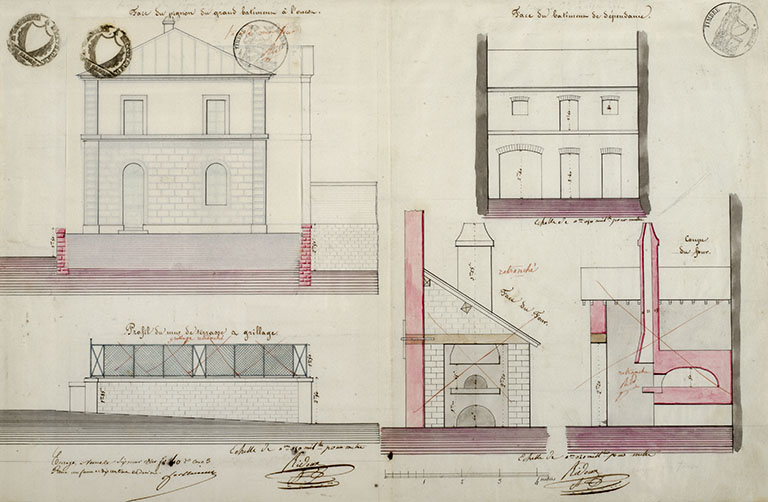 Face du pignon du grand bâtiment à l'ouest [et dépendances : coupe et élévation], 1840. © Jérôme Mongreville / Région Bourgogne-Franche-Comté, Inventaire du patrimoine - 2016