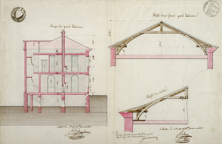 Coupe du grand bâtiment [et profil d'une ferme et d'un arêtier], 1840. © Jérôme Mongreville / Région Bourgogne-Franche-Comté, Inventaire du patrimoine - 2016