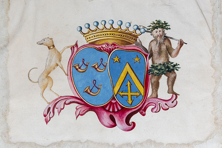 Blason des Simonet et des Tricornot sur le livre d'arpentement des fonds de la seigneurie. (1778) Détail. © Sonia Dourlot / Région Bourgogne-Franche-Comté, Inventaire du patrimoine - 2016