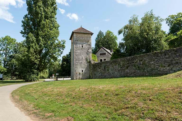 Vue de la tour le long du mur d'enceinte de la basse-cour, depuis la véloroute © Sonia Dourlot / Région Bourgogne-Franche-Comté, Inventaire du patrimoine - 2016 Vue de la tour le long du mur d'enceinte de la basse-cour, depuis la véloroute © Sonia Dourlot / Région Bourgogne-Franche-Comté, Inventaire du patrimoine - 2016