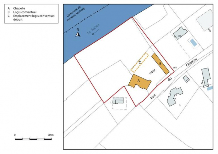 Plan masse de la chapelle et de l'ensemble conventuel © Mathias Papigny / Région Bourgogne-Franche-Comté, Inventaire du patrimoine - 2016 Plan masse de la chapelle et de l'ensemble conventuel © Mathias Papigny / Région Bourgogne-Franche-Comté, Inventaire du patrimoine - 2016