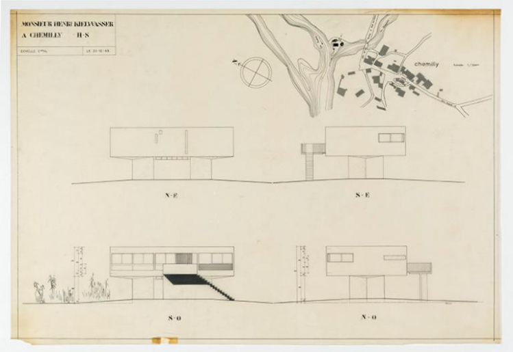 Plans en élévation des quatre faces de la maison et extrait de plan cadastral. © Sonia Dourlot (reproduction) / Région Bourgogne-Franche-Comté, Inventaire du patrimoine - 2016