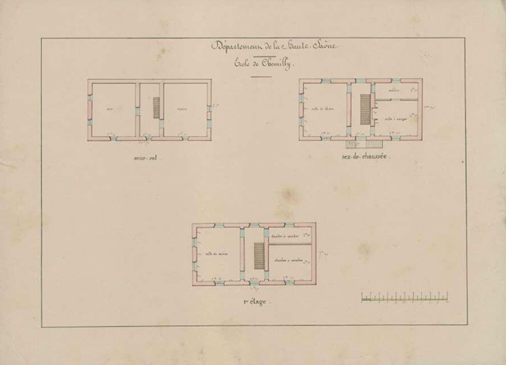 Plans en coupe du sous-sol, rez-de-chaussée et premier étage de l'école de Chemilly © Jérôme  Mongreville (reproduction) / Région Bourgogne-Franche-Comté, Inventaire du patrimoine - 2016 Plans en coupe du sous-sol, rez-de-chaussée et premier étage de l'école de Chemilly © Jérôme  Mongreville (reproduction) / Région Bourgogne-Franche-Comté, Inventaire du patrimoine - 2016