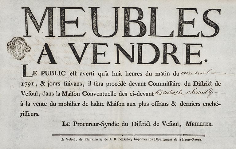Annonce de vente publique du mobilier du couvent des Tiercelins de Chemilly, 1791 © Jérôme  Mongreville (reproduction) / Région Bourgogne-Franche-Comté, Inventaire du patrimoine - 2016 Annonce de vente publique du mobilier du couvent des Tiercelins de Chemilly, 1791 © Jérôme  Mongreville (reproduction) / Région Bourgogne-Franche-Comté, Inventaire du patrimoine - 2016