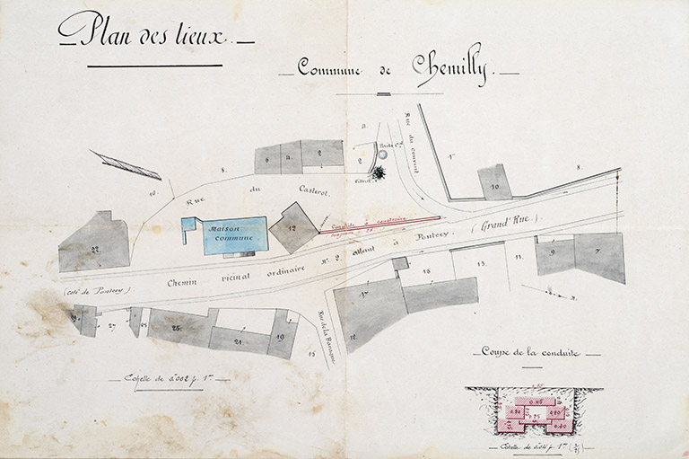 Plan de situation de la conduite d'assainissement à construire © Jérôme  Mongreville (reproduction) / Région Bourgogne-Franche-Comté, Inventaire du patrimoine - 2016 Plan de situation de la conduite d'assainissement à construire © Jérôme  Mongreville (reproduction) / Région Bourgogne-Franche-Comté, Inventaire du patrimoine - 2016