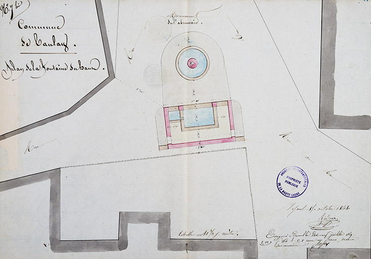 Plan de situation de la "fontaine du haut" du village, face au lavoir, 1848 © Jérôme  Mongreville (reproduction) / Région Bourgogne-Franche-Comté, Inventaire du patrimoine - 2016