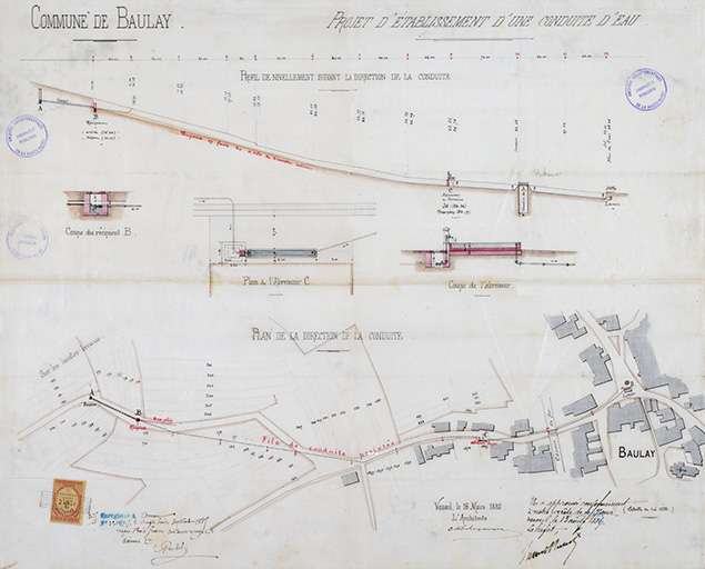 Projet d'établissement d'une conduite d'eau au Nord du village, passant par l'abreuvoir rue de Tallefosse et aboutissant au lavoir, place de la mairie, 1885 © Jérôme  Mongreville (reproduction) / Région Bourgogne-Franche-Comté, Inventaire du patrimoine - 2016