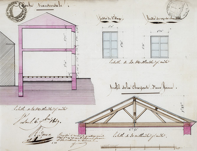 Plan en coupe de la maison commune et détails des fenêtres et de la charpente, 1839 © Jérôme  Mongreville (reproduction) / Région Bourgogne-Franche-Comté, Inventaire du patrimoine - 2016