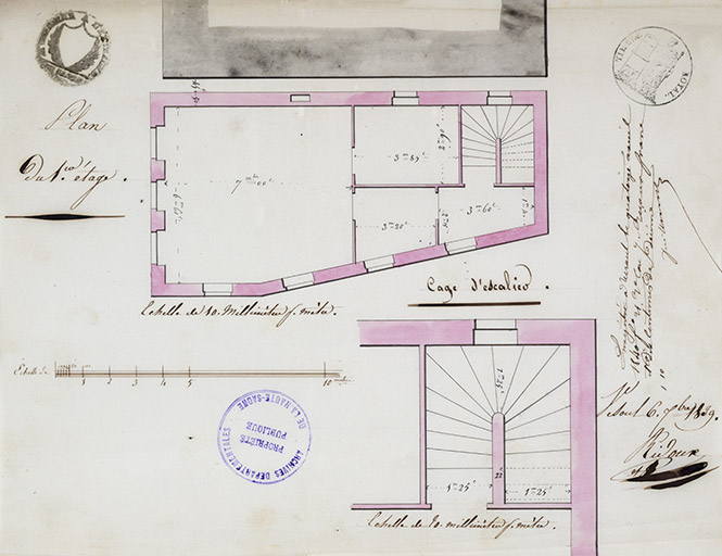 Plan en coupe du premier étage de la maison commune, 1839 © Jérôme  Mongreville (reproduction) / Région Bourgogne-Franche-Comté, Inventaire du patrimoine - 2016