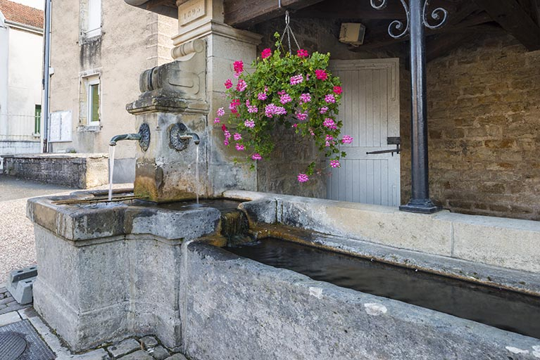 Une des fontaines et, en arrière-plan, la porte d'accès. © Jérôme Mongreville / Région Bourgogne-Franche-Comté, Inventaire du patrimoine - 2016 Une des fontaines et, en arrière-plan, la porte d'accès. © Jérôme Mongreville / Région Bourgogne-Franche-Comté, Inventaire du patrimoine - 2016