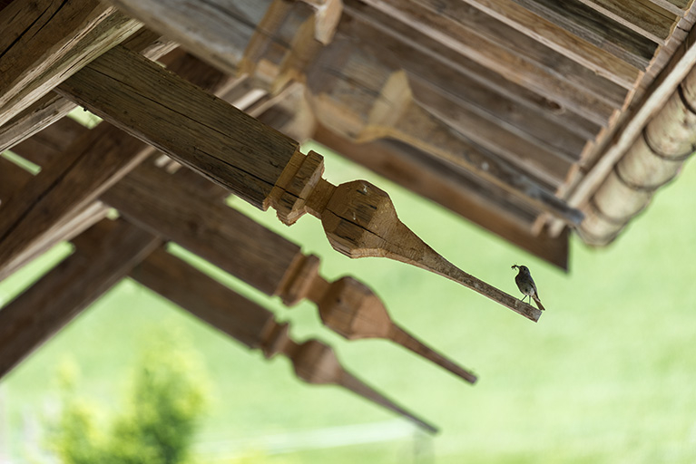 Extrémité sculptée des arbalétriers (façade antérieure). © Sonia Dourlot / Région Bourgogne-Franche-Comté, Inventaire du patrimoine - 2017 Extrémité sculptée des arbalétriers (façade antérieure). © Sonia Dourlot / Région Bourgogne-Franche-Comté, Inventaire du patrimoine - 2017