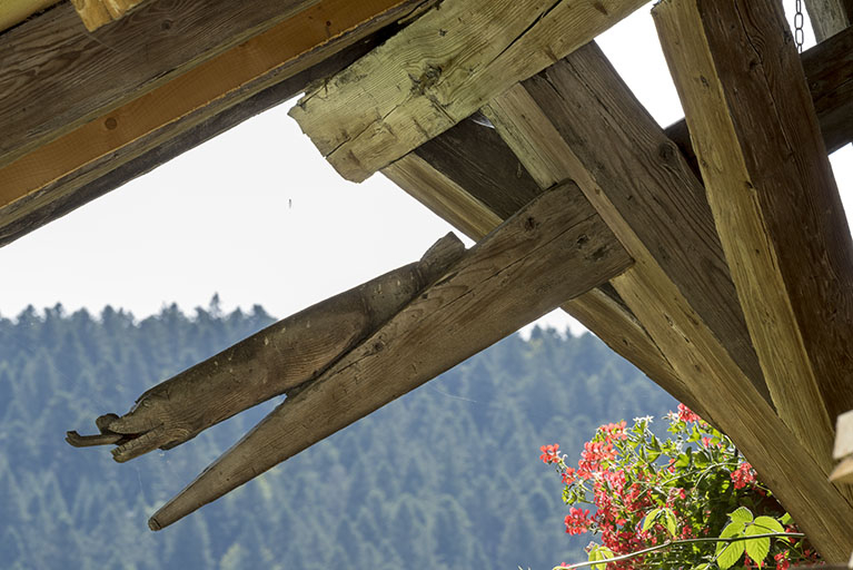 Ferme, façade latérale droite : 1er arbalétrier (à gauche) sculpté en forme de serpent. © Sonia Dourlot / Région Bourgogne-Franche-Comté, Inventaire du patrimoine - 2017