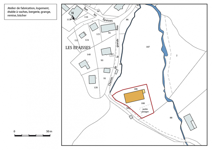 Plan-masse et de situation. Extrait du plan cadastral, 2017, section AB, 1/1 000. © Mathias Papigny / Région Bourgogne-Franche-Comté, Inventaire du patrimoine - 2017