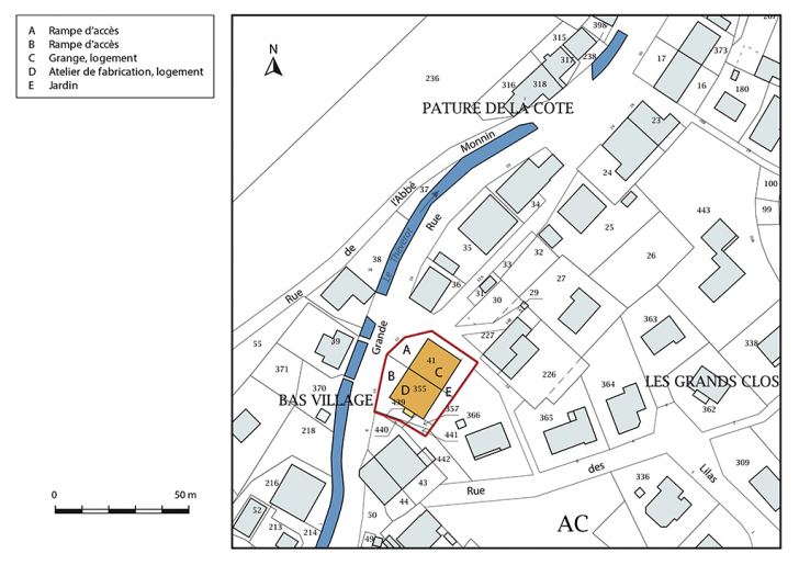 Plan-masse et de situation. Extrait du plan cadastral, 2017, section AC, 1/1 000. © Mathias Papigny / Région Bourgogne-Franche-Comté, Inventaire du patrimoine - 2017