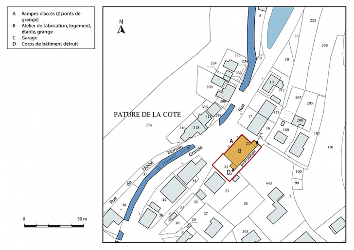 Plan-masse et de situation. Extrait du plan cadastral, 2017, section AC, 1/1 000. © Mathias Papigny / Région Bourgogne-Franche-Comté, Inventaire du patrimoine - 2017 Plan-masse et de situation. Extrait du plan cadastral, 2017, section AC, 1/1 000. © Mathias Papigny / Région Bourgogne-Franche-Comté, Inventaire du patrimoine - 2017