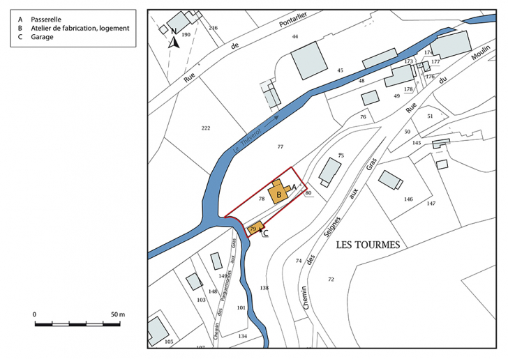 Plan-masse et de situation. Extrait du plan cadastral, 2017, section AB, 1/1 000. © Mathias Papigny / Région Bourgogne-Franche-Comté, Inventaire du patrimoine - 2017