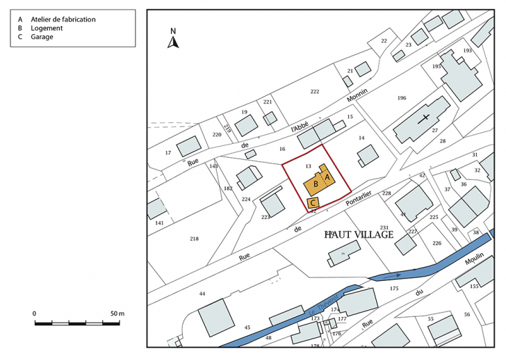 Plan-masse et de situation. Extrait du plan cadastral, 2017, section AB, 1/1 000. © Mathias Papigny / Région Bourgogne-Franche-Comté, Inventaire du patrimoine - 2017