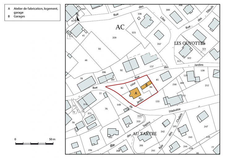Plan-masse et de situation. Extrait du plan cadastral, 2017, section AC, 1/1 000. © Mathias Papigny / Région Bourgogne-Franche-Comté, Inventaire du patrimoine - 2017