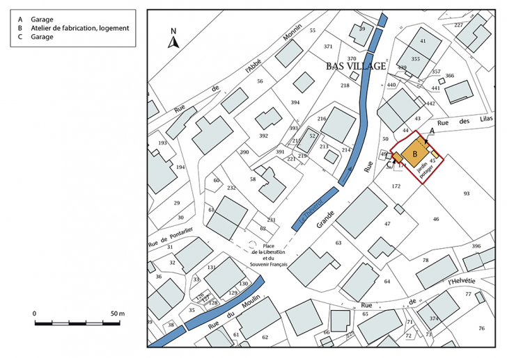 Plan-masse et de situation. Extrait du plan cadastral, 2017, section AC, 1/1 000. © Mathias Papigny / Région Bourgogne-Franche-Comté, Inventaire du patrimoine - 2017