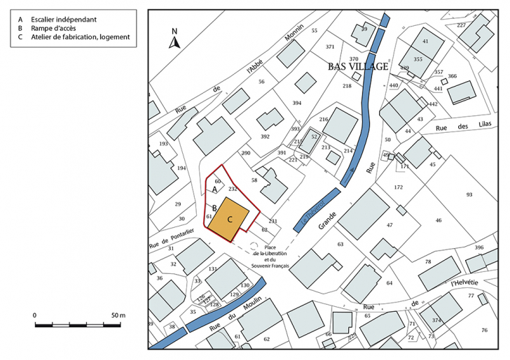 Plan-masse et de situation. Extrait du plan cadastral, 2017, section AC, 1/1 000. © Mathias Papigny / Région Bourgogne-Franche-Comté, Inventaire du patrimoine - 2017