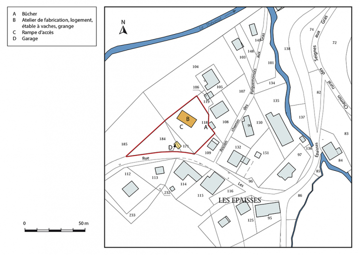 Plan-masse et de situation. Extrait du plan cadastral, 2017, section AB, 1/1 000. © Mathias Papigny / Région Bourgogne-Franche-Comté, Inventaire du patrimoine - 2017 Plan-masse et de situation. Extrait du plan cadastral, 2017, section AB, 1/1 000. © Mathias Papigny / Région Bourgogne-Franche-Comté, Inventaire du patrimoine - 2017