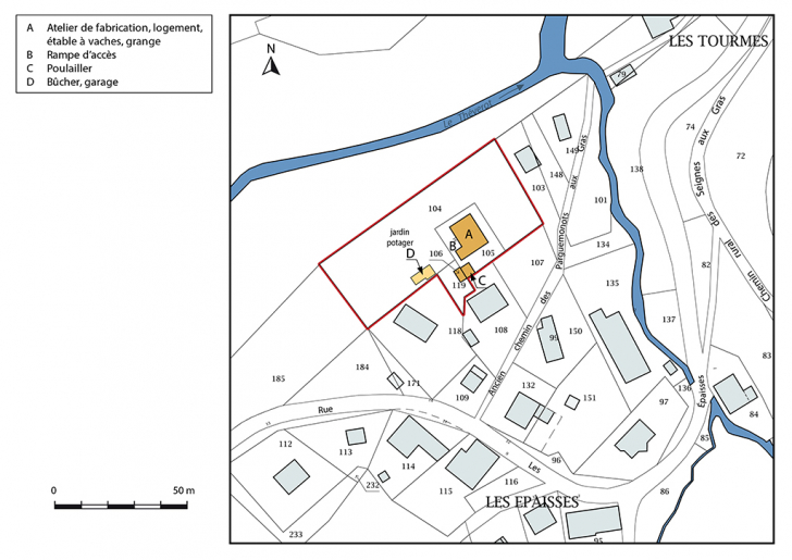 Plan-masse et de situation. Extrait du plan cadastral, 2017, section AB, 1/1 000. © Mathias Papigny / Région Bourgogne-Franche-Comté, Inventaire du patrimoine - 2017 Plan-masse et de situation. Extrait du plan cadastral, 2017, section AB, 1/1 000. © Mathias Papigny / Région Bourgogne-Franche-Comté, Inventaire du patrimoine - 2017