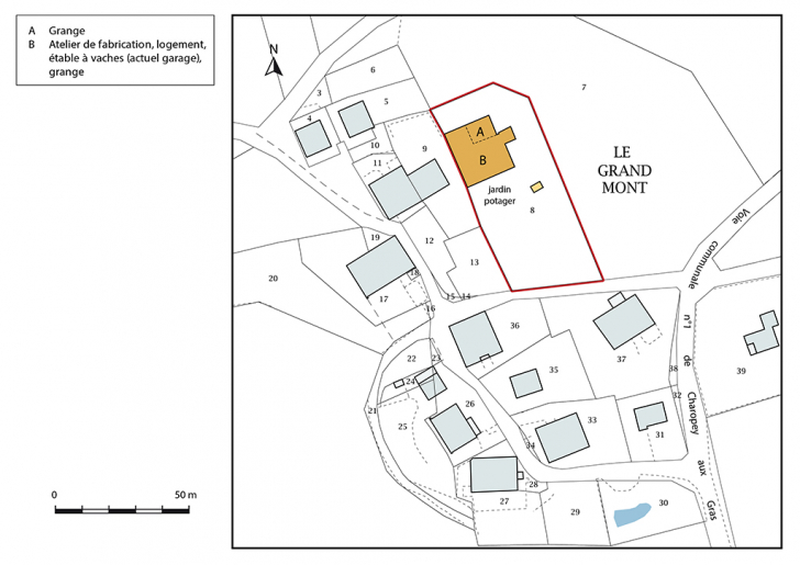 Plan-masse et de situation. Extrait du plan cadastral, 2017, section AD, 1/1 000. © Mathias Papigny / Région Bourgogne-Franche-Comté, Inventaire du patrimoine - 2017 Plan-masse et de situation. Extrait du plan cadastral, 2017, section AD, 1/1 000. © Mathias Papigny / Région Bourgogne-Franche-Comté, Inventaire du patrimoine - 2017