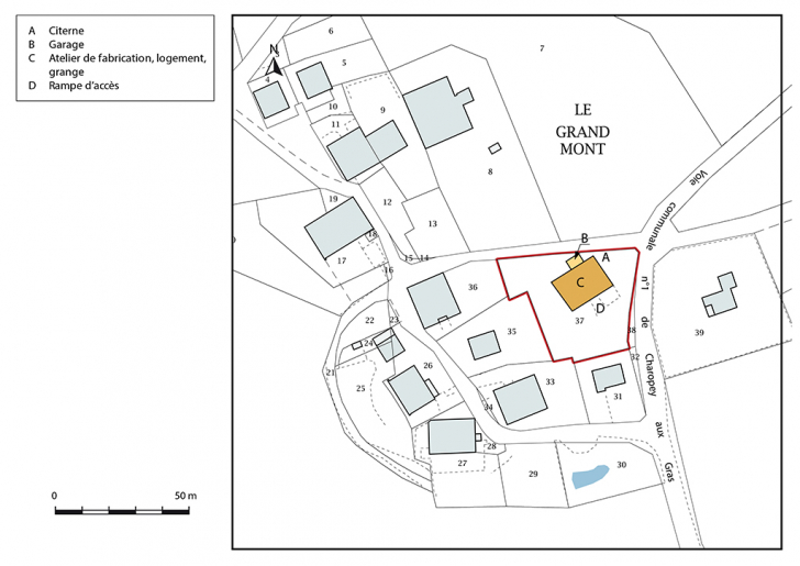 Plan-masse et de situation. Extrait du plan cadastral, 2017, section AD, 1/1 000. © Mathias Papigny / Région Bourgogne-Franche-Comté, Inventaire du patrimoine - 2017 Plan-masse et de situation. Extrait du plan cadastral, 2017, section AD, 1/1 000. © Mathias Papigny / Région Bourgogne-Franche-Comté, Inventaire du patrimoine - 2017